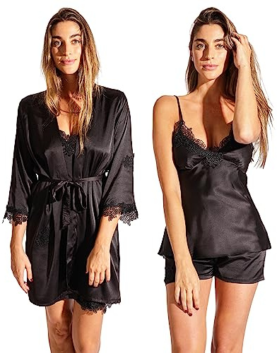 Laura in - 5 Piezas Conjunto Pijamas de Seda satén con Encaje Bordado, Ropa de Dormir para Mujer, Bata, camisón, Top, Cortos y Pants Largos-1108NegroS