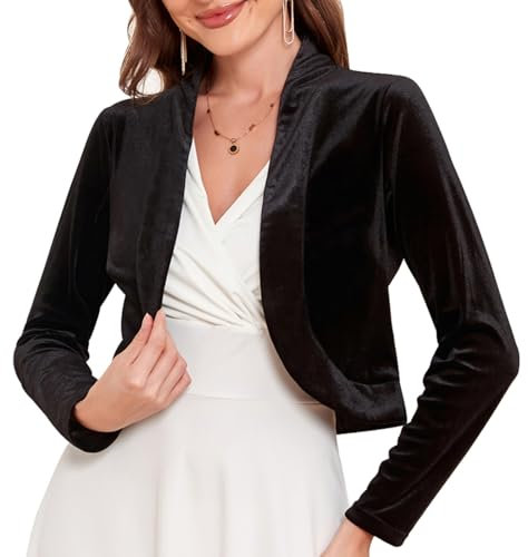 Women's Long Sleeve Velvet Shrug for Dresses Cocktail Party Open Front Cropped Bolero Cardigan Top