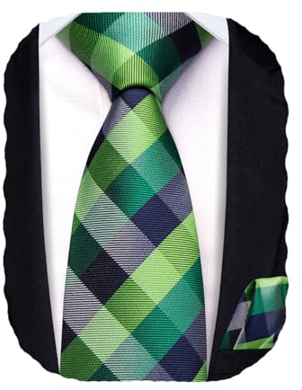 Hi-Tie Silk Boys Self-Tied Tie Green Plaid Formal Necktie Pocket Square Set for Kids Age 8-12 Wedding School