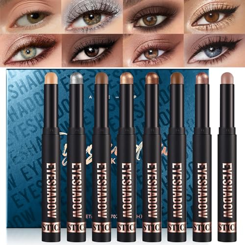 Erinde 8Pcs Cream Lidschatten Stift Set, Matt Metallic Lidschattenstift, Schimmer Eyeshadow Crayon Stick, Wasserfest Perlglanz Eyeliner Pencil, Long Lasting Eye Makeup Highlighter Stick