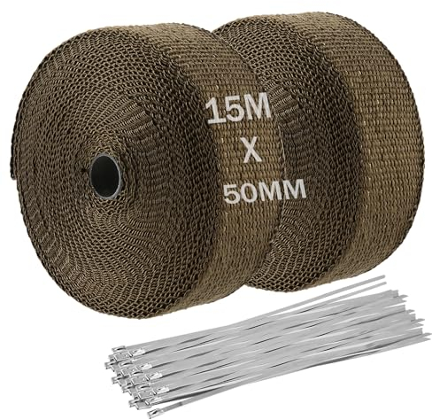 FAAING 2 Stück Hitzeschutzband Basaltfaser 15m x 50mm, Titan Hitzeschutzband Auspuff mit 20 Edelstahl Kabelbinder, Fiberglas Auspuffband für Motorrad Fächerkrümmer Krümmerband Thermoband