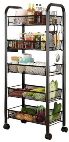 LUTODY - Carro de Almacenamiento, Varios Niveles, Organizador metálico con Ruedas, Carrito Auxiliar móvil Compacto, Verdulero, Frutero, Multiuso para Cocina (Negro, 5 estantes)