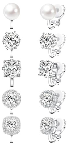 Silver Cubic Zirconia Clip on Earrings - Women Hypoallergenic Comfortable Non Pierced Stud Earrings for Wedding and Dance Competitions, Clip-on Earrings