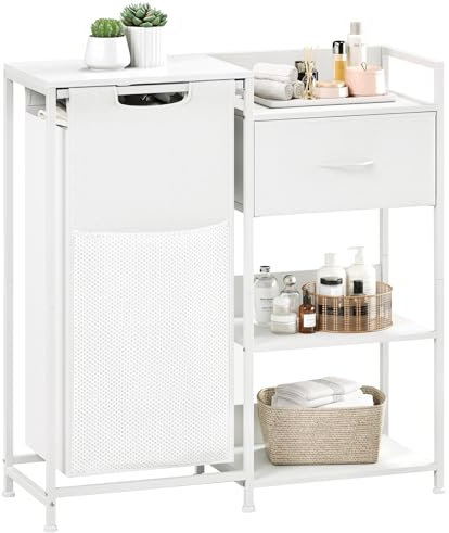 Somdot Laundry Hamper with Fabric Drawer and Shelves, Laundry Basket Sorter with 60L Pull-Out and Removable Bag, White