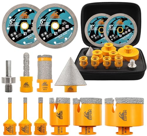 Kit di punte diamantate per piastrelle 12 pezzi - EXFEIN - Sega a campana 6/6/8/25/35/50/68mm+10mm Punte per dito+50mm Punte per squadre smussate+Adattatore + 2 pezzi da 125mm Disco diamantato