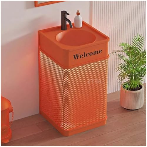 Industrial Pedestal Sink Basin with Faucet Set, Luxury Vanity Unit Washbasin, Built-in LED Light, Iron Art Bathroom Free Standing Sink Basin with Water Retaining Edge