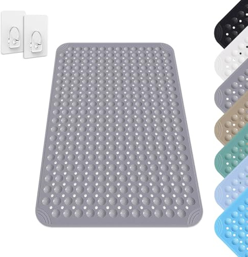 Duschmatta, halkfri, 60 x 90 cm, duschmatta med sugkopp, duschinlägg maskintvättbar, halkfri matta av PVC, halkfri massagematta för dusch och bastu, inkl. 2 krokar, grå