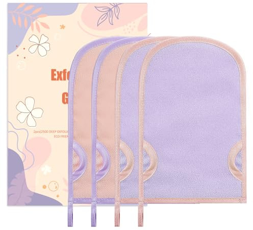 4 Pcs Exfoliating Gloves, Two Intensities Exfoliation Scrubbing Mitt Deep Body Exfoliating Glove Dead Skin Remover Shower Body Scrub Gloves for Women and Men(Purple & Pink)