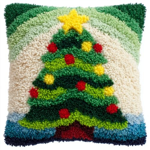 Henypt Kit per realizzare cuscini fai da te all'uncinetto, albero di Natale con motivo prestampato, Kit di cuscini ad ago Cuscino con gancio di chiusura, 43 x 43 cm