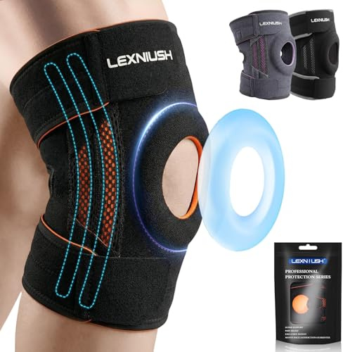 Lexniush Tutore Ginocchio, Ginocchiera Ortopedica con Stabilizzatori Laterali e Cuscinetti in Gel per Rotula, Regolabile Ginocchiera Sportiva Neoprene per Corsa, Artrite, Lesioni al Menisco, Nero