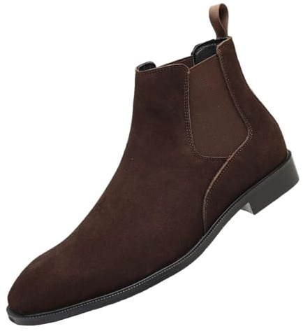 ANUFER Hombres Vacuno Cuero de Ante Botas Chelsea Punta Cuadrado Slip On Vestido Botines de Tobillo Café SN0711231 EU38.5