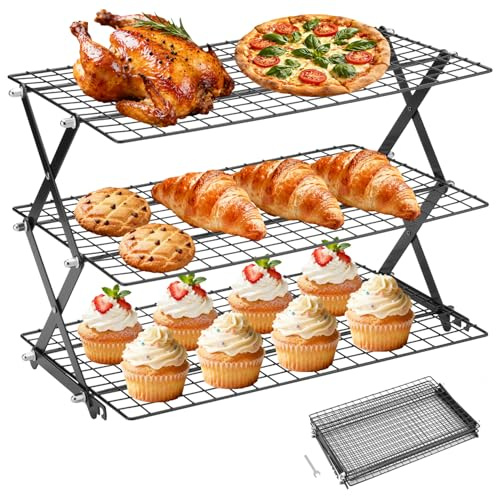 3-Tier Stackable Cooling Rack for Baking, Collapsible Wire Cookie Rack with Adjustable Heights, Non-Stick Roasting & Drying Rack for Cupcakes, Pies and Pastries, Space-Saving Kitchen Essential