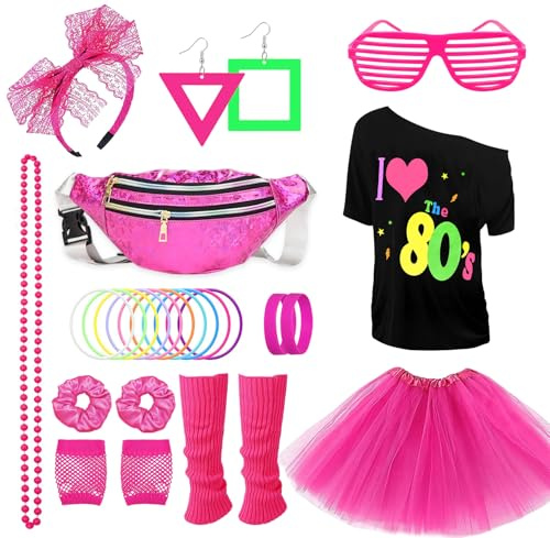 26 st 80-tals utklädningstillbehör, 90-tals neon disco partyoutfit, T-shirt, tutu, armband, bananväska, glasögon, armband, halsband, leggings, outfit årstema, karneval, dam