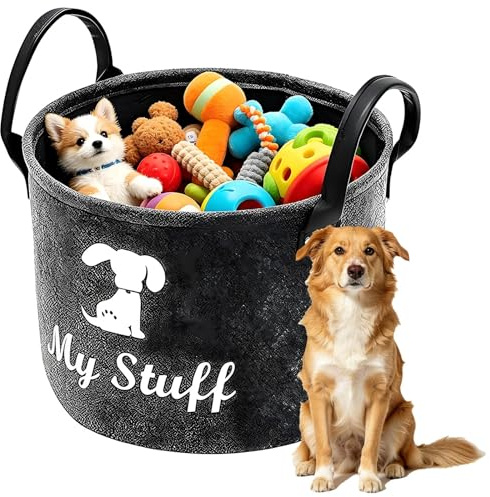 JIESHEPR Dog Toy Basket Storage - Large Dog Toy Box for Organizing Pet Toys, Blankets & Leashes, Foldable Felt Dogs Storage Box with Sturdy Handles, Stylish Pet Toys Case for Living Room (Dark Grey)