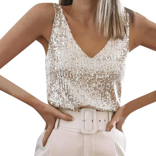 Women Sexy V Neck Sparkle Shimmer Tank Vests Sequins Tops Sparkly Sequin Vest Top for Night Club Party