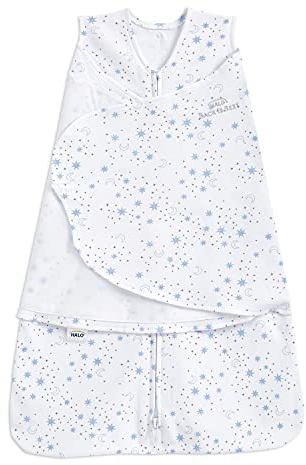 HALO Baby Sleeping Bag Swaddle | 1.5 TOG SleepSack | 100% Cotton, Blue Moons Sleeping Sack For Newborn Babies | Easy Zip Access Nappy Change | Wearable Blanket Grow Bag | Boys & Girls, 0-3 Months