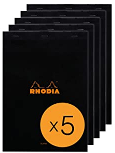 RHODIA 180009Cpack - Bloc-Notes Agrafé N°18 Black - A4 - 80 Feuilles Détachables - Papier Clairefontaine Uni Blanc 80 g/m² - Couverture en Carte Enduite - Paquet de 5 blocs