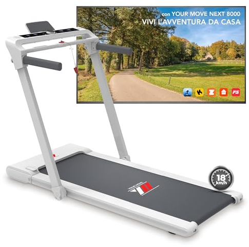 YM Next 8000 Elektrisches Laufband Klappbar, 18 km/h, XXL-Lauffläche 45 cm, italienische Marke, 2 Steuerungssysteme (Tasten oder gestensteuerung) mit App + Bluetooth, Treadmill, Weiß