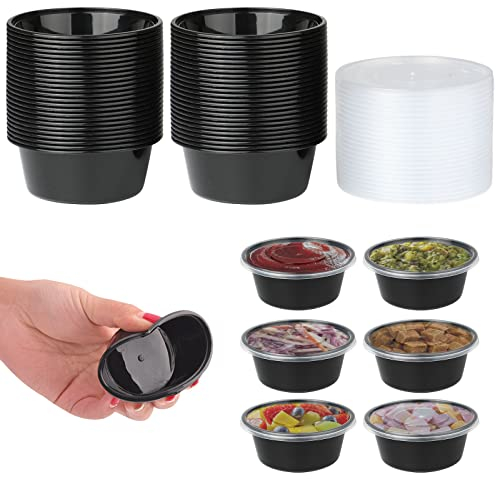 Jogoico Lot de 50 Contenants en Plastique avec Couvercles, 5OZ Pots à Sauce en Plastique avec Couvercle, Boîte à Sauce, Récipients à Emporter pour Sauces, Condiments, Micro-ondes, Réutilisable
