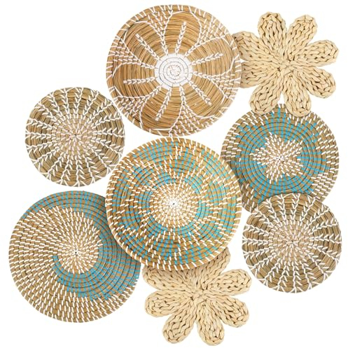 Xuhal Set von 8 hängenden gewebten Wandkorb, handgefertigt, dekorativ, rustikal, Boho, Wandkorb, Dekoration, handgefertigt, Weidenkorb, rund, Seegraskorb, Wandkunst für Zuhause, Küche, Bauernhaus,