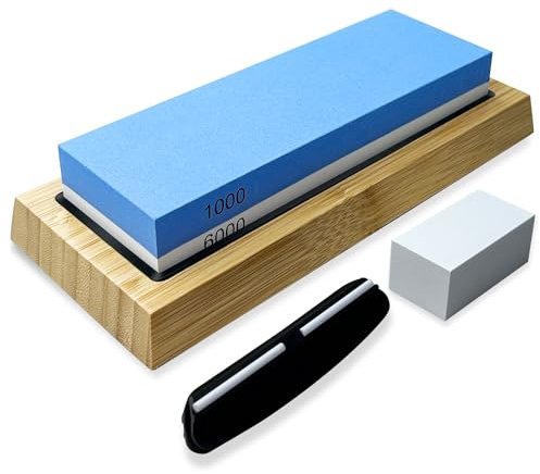 Pietra per Affilare,2-in-1 Affilacoltelli Cote(Grana 1000/6000) - Sided Affila Coltelli con base antiscivolo, posizionatore e pietra di calibrazione