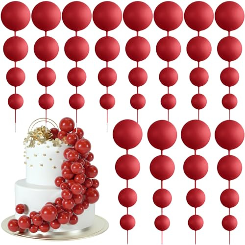 BOUBONI 48 Pcs Balls Cake Topper Decorations Balloon Cupcake Toppers Foam Cake Topper Balls Cake Balls Decorations for Birthday Party Wedding Anniversary Cake Decorating (Red)