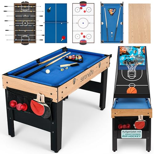 SereneLife Air Hockey 122cm 6-in-1 Multi Game Table, Indoor Outdoor Arcade Sports Table with Pool, Foosball, Basketball, Table Tennis, Dining Surface, Includes Pucks and Paddles