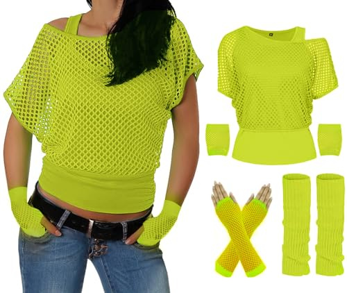 ELFIN 80-90-Tals Outfit Dam - Nättröja, Linne, Benvärmare, Näthandskar, Nättopp, Toppar, Neonskjorta, Kostym, Aerobics-Kläder, Temafest Accessoarer - Neongrön, S