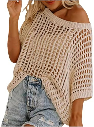 Womens Y2K Crochet Fishnet Long Sleeve Top Off The Shoulder Jumper Going Out Oversized Knitted Cover Up Sweater Lightweight Baggy Hollow Out Pullover Tops Knitwear Summer Beige M
