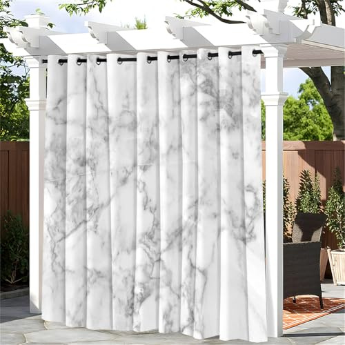 Treer Outdoor Vorhang Wasserdicht mit Ösen (1.6 inch), Blickdicht Outdoorvorhänge Sichtschutz Sonnenschutz für Patio Balkon Terrasse Garten Pavillon (W180*L243cm,weißer Marmor 2)