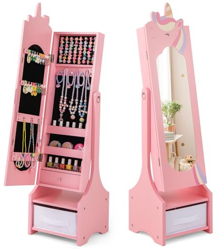 HOMFME Armoire de Rangment Enfant avec Miroir de Plein Longueur, Armoire a Bijoux avec 2 Angles d’Inclinaison en Forme Licorne avec Tiroirs et Crochets, 31,5 x 30 x 115 CM, pour Filles 3+ Ans (Rose)