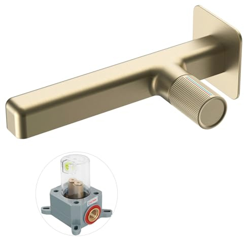 SHANFO Grifo Lavabo Empotrado, Grifo de Pared Baño, Grifo Monomando Baño, Mezclador Agua Fría y Caliente, Dorado Cepillado, 8M4OK
