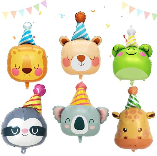 6 Stück Folienballon Tiere Geburtstag, Tierkopf Folienballons Waldtiere Geburtstag Deko Helium Ballons Tiere Party Animals für Kinder Dschungel Riesenballon Geburtstage Deko