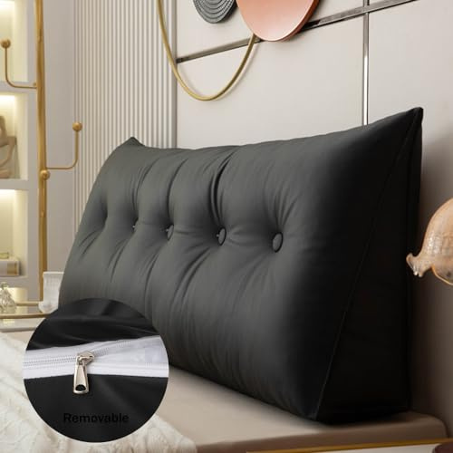 Treer Almohada Triangular con Cuña Triangular para Respaldo, Antiincrustante Almohada de Lectura de Cabecera, Cojín de Apoyo Lumbar, Cojín de Posicionamiento para Sofá (Negro,60x50x20cm)