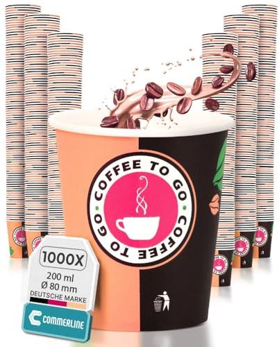 Commerline Lot de 1000 Gobelets à Café en Carton à Emporter de 180 ml | Vaisselle Jetable pour Café et Thé | Gobelets en Papier pour Boissons Chaudes et Froides