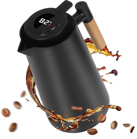 Dreamhigh® Thermoskanne 1L, Isolierkanne mit Temperaturanzeige, Warmhaltefunktion 24 Std, Kalthaltefunktion 48 Std, Schwarz