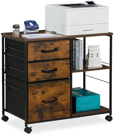 Relaxdays Mueble Impresora, Cajonera Oficina con Ruedas, 3 Cajones, Archivador Colgante, 68 x 75 x 40 cm, Marrón y Negro