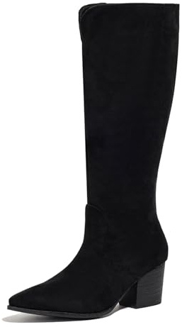 Klarmar Mujer Kenn High Tacón Ancho Botas Gamuza Cuero Botas de Montar Puntiagudo Cremallera Gamuza Cuero Zapatos Largas Invierno Negro Talla 36.5 EU/37