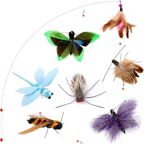 Hjvvr 7pcs Cat Toys,1 Road with Feather,Cat Teaser Wand Toy,Insect Attachment Toy for Pet Kitty