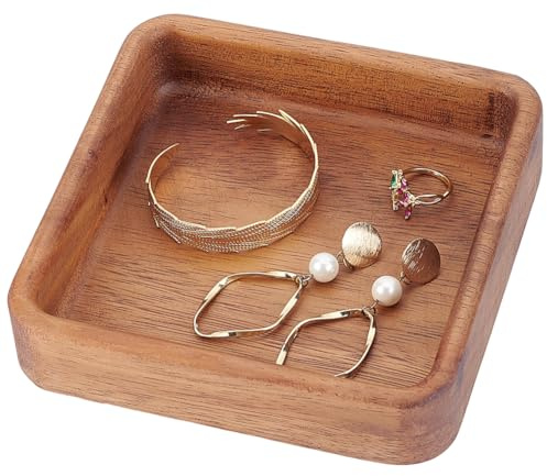 Beebeecraft Plateau à Bijoux Carré en Bois Marron Noix de Coco de 14.8x14.5cm Petit Vide Poches Boîte de Rangement pour Colliers Bracelets et Boucles d'oreilles Idéal pour Une Table de Chevet