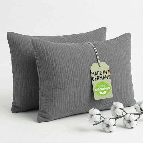 chambry Musselin Kissenbezüge 2er-Set - 100% Doppel-lagige Baumwolle, handgefertigt in Deutschland - atmungsaktiv klimaneutral bügelfrei und pflegeleicht - Kissenbezug 40 x 60 cm Anthrazit