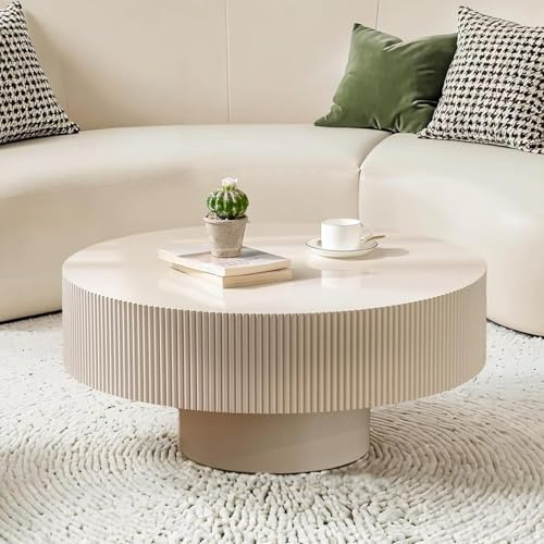 ZUOWENYG Modern Fluted Drum Coffee Table, Handcrafted Wood Round Accent Table, Stylish Centerpiece for Contemporary Living Spaces (J Off White 78.5cm)