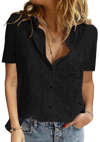Yuson Girl Womens Blouse Shirt Ladies Summer Tops Elegant V-Neck Casual Short Sleeve Shirts Cotton Blouse T Shirts Classic Button Down Blouses Tops(A-Black, M)