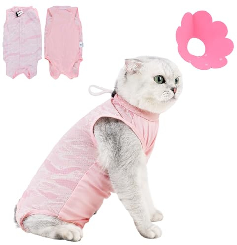 Body Postoperatorio para Gatos Y Collar Antilameduras Juego De 2 Piezas, Protección Lechón, Uso Después De Cirugía, Ligero Cómodo, Cuello Ajustable, Rosa