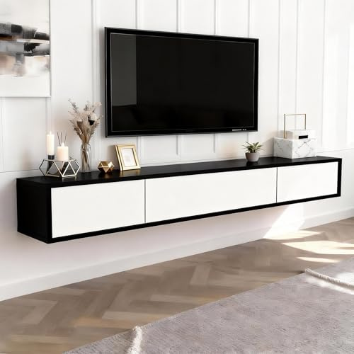 Durecoform Mueble de TV colgante, 160 cm, mueble bajo para TV con 3 compartimentos, moderno mueble de madera para TV, salón, comedor (blanco y negro)