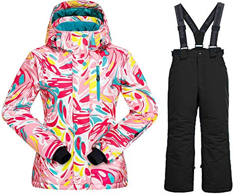 Girls Insulated Ski Jacket Pants Set Windproof Waterproof Kids Ski Suit Snowsuit for Kids 50BK,10