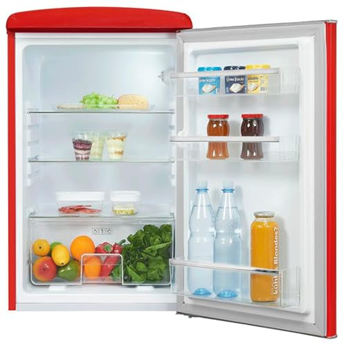 Exquisit Retrokühlschrank RKS120-V-H-160F rot | 122 L Volumen | Kühlschrank Retro freistehend | Türablagen & Glasablagen | LED-Licht