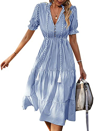 Vestido De Manga Corta De Moda para Mujer Vestido De Rayas De Verano Vestido De Temperamento