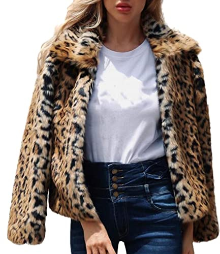 PAIDAXING Veste en fausse fourrure pour femme - Manteau épais en laine imprimé léopard - Manches longues - Veste courte moelleuse ouverte sur le devant - Pour l'automne et l'hiver - Vêtements