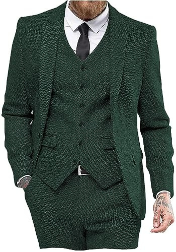 AeoTeokey Abito vintage da uomo 3 pezzi tweed spina di pesce smoking da cerimonia blazer con risvolti a punta per testimoni, M